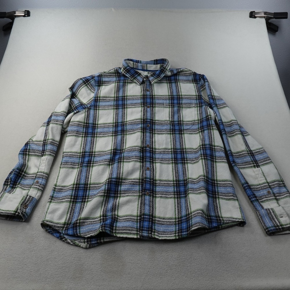Wellen Brushed Hazy Flannel Shirt Mens XL Blue Green Plaid Button Up Organic